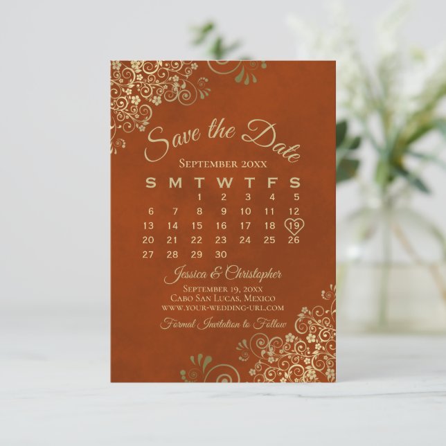 Gold Curls on Rust Orange Elegant Wedding Calendar Save The Date (Standing Front)