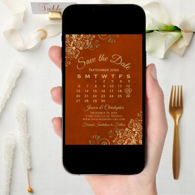 Gold Curls on Rust Orange Elegant Wedding Calendar Save The Date (Front Digital)