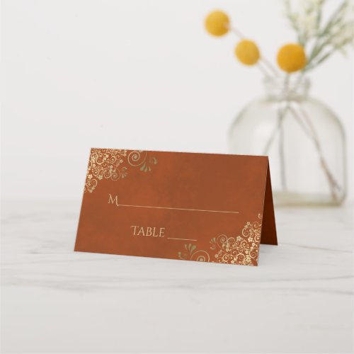 Gold Curls on Rust Orange Elegant Wedding Write_In Place Card