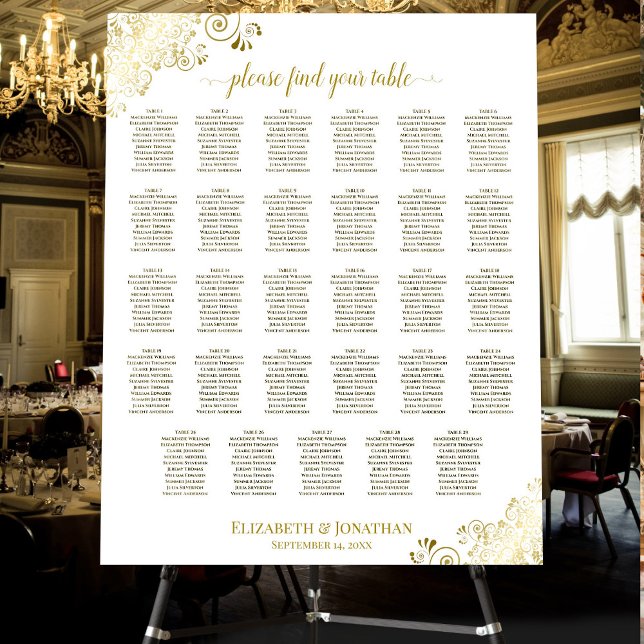 Gold Curls on White 29 Table Wedding Seating Chart Foam Board (On Stand)