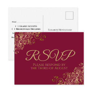 Gold Curls & Swirls Maroon Burgundy Wedding RSVP Postcard