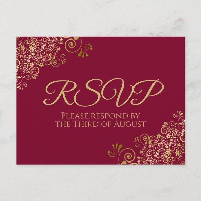 Gold Curls & Swirls Maroon Burgundy Wedding RSVP Postcard (Front)