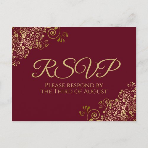 Gold Curls  Swirls Maroon Burgundy Wedding RSVP Postcard