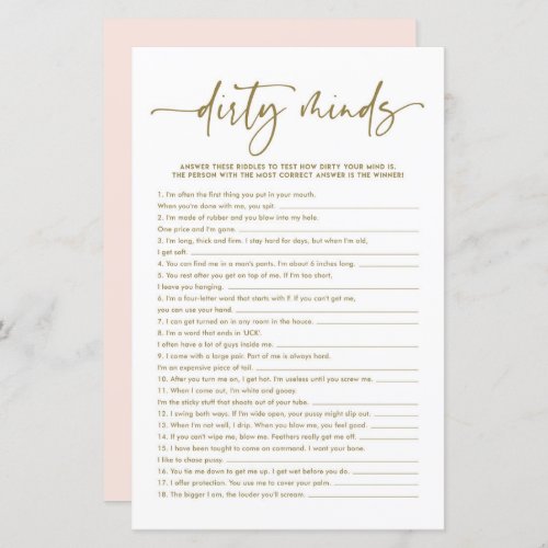 Gold Cursive Dirty Minds Bridal Shower Game Card