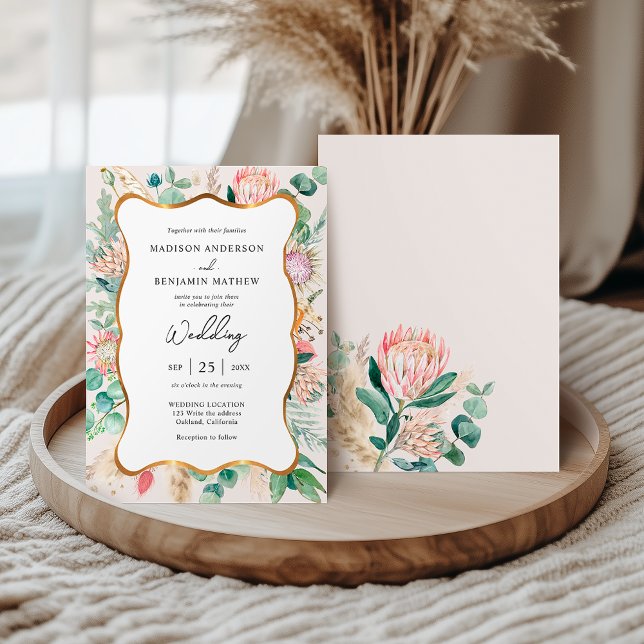 Gold Curvy Eucalyptus Pampas Grass Protea Wedding Invitation (Creator Uploaded)