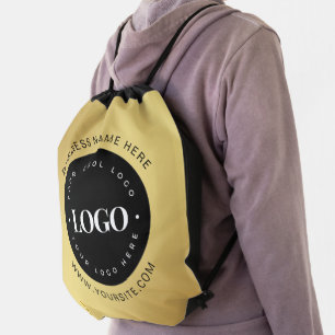 Gold Custom Logo & Text Company Business Branded Drawstring Bag