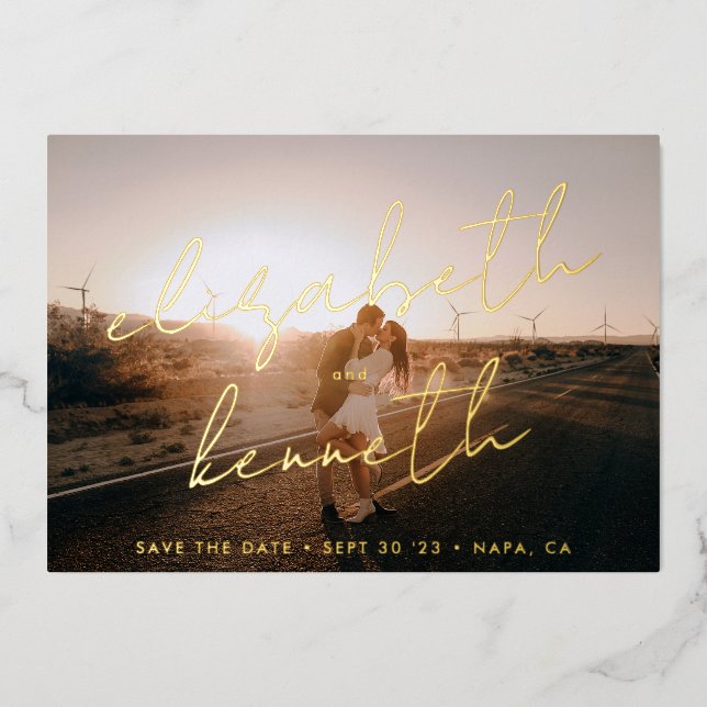 Gold Custom Modern Names Photo Save The Date Foil Invitation (Front)