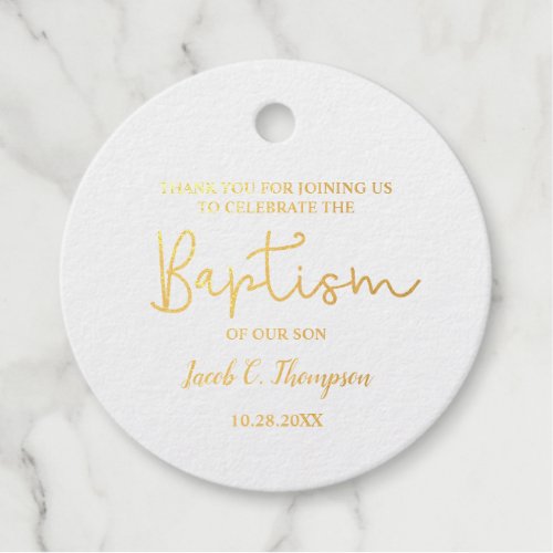 Gold Custom Modern Script Name Baby Boy baptism Foil Favor Tags