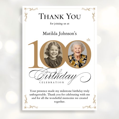 Gold Custom Photo 100th Birthday Thank You Card