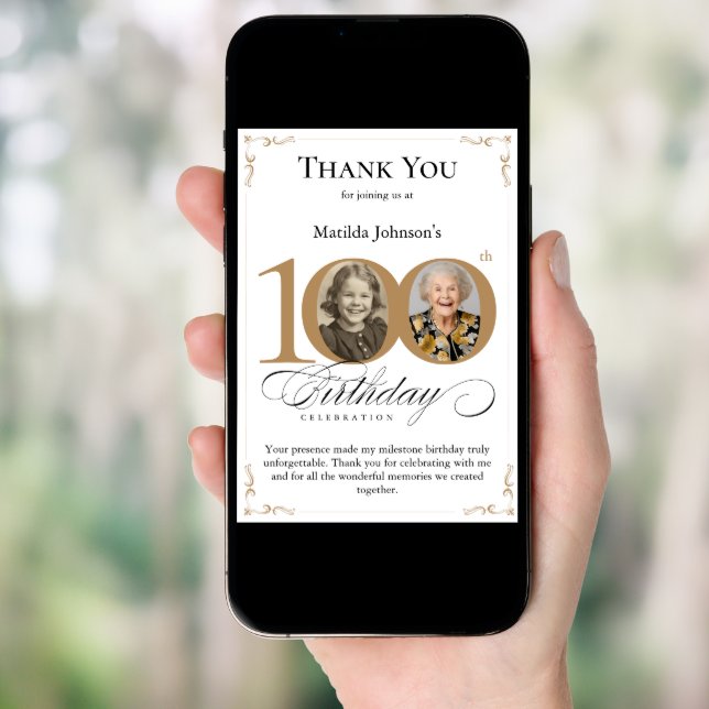 Gold Custom Photo 100th Birthday Thank You Card (Front Digital)