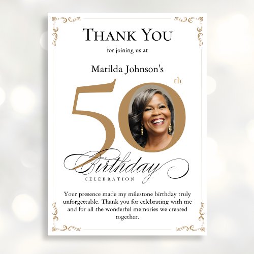 Gold Custom Photo 50th Birthday Thank You Card