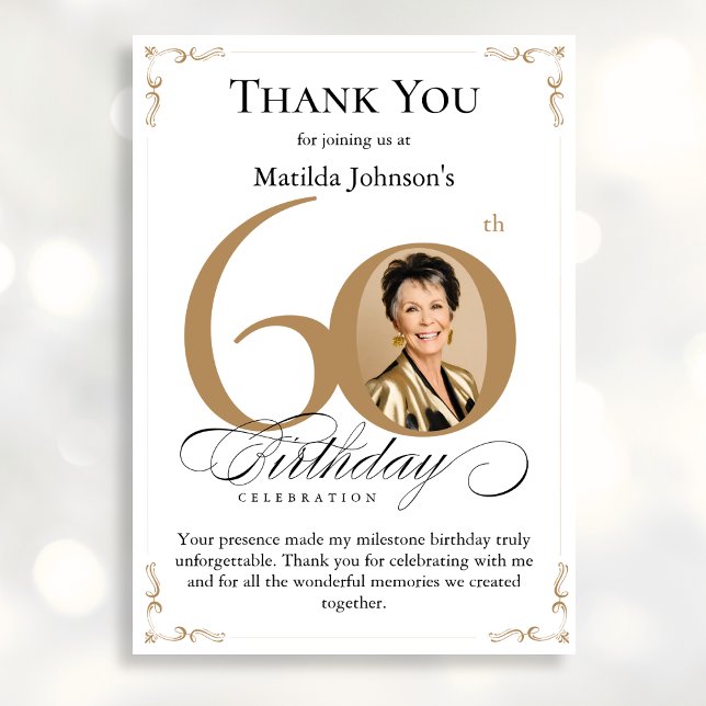 Gold Custom Photo 60th Birthday Thank You Card (Mockup View)