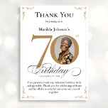 Gold Custom Photo 70th Birthday Thank You Card<br><div class="desc">Gold Custom Photo 70th Birthday Thank You Card. An elegantly designed special birthday celebration thank you card,  featuring a custom photo of birthday person and script calligraphy with vintage flourish elements. Simple enough to fit a variety of themes and colors! Need help with the template? Simply contact me!</div>