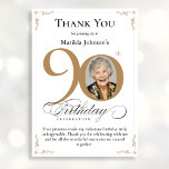 Gold Custom Photo 90th Birthday Thank You Card<br><div class="desc">Gold Custom Photo 90th Birthday Thank You Card. An elegantly designed special birthday celebration thank you card,  featuring a custom photo of birthday person and script calligraphy with vintage flourish elements. Simple enough to fit a variety of themes and colors! Need help with the template? Simply contact me!</div>