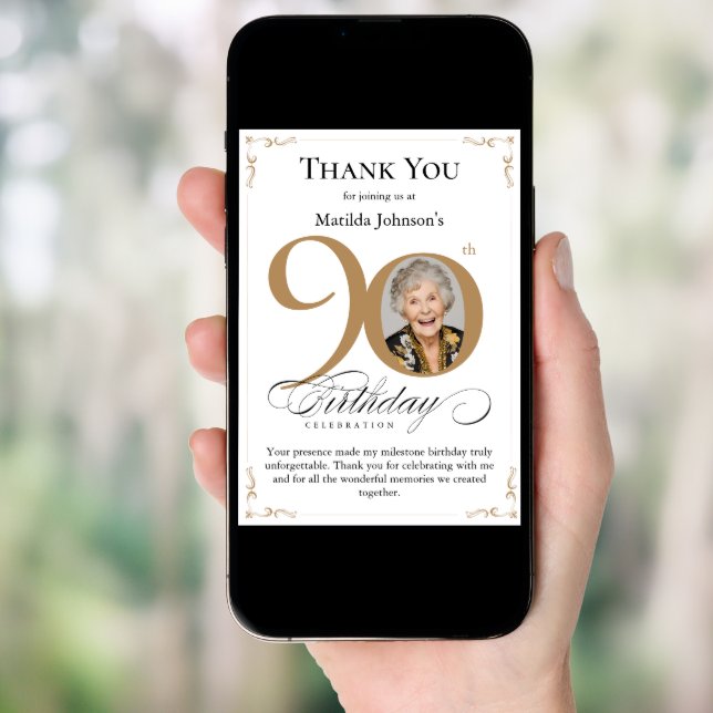 Gold Custom Photo 90th Birthday Thank You Card (Front Digital)