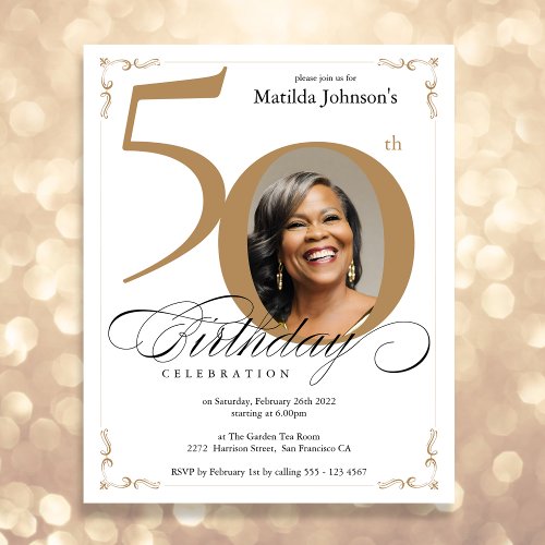 Gold Custom Photo Budget 50th Birthday Invitation