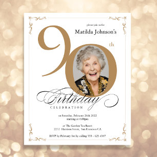 Gold Custom Photo Budget 90th Birthday Invitation