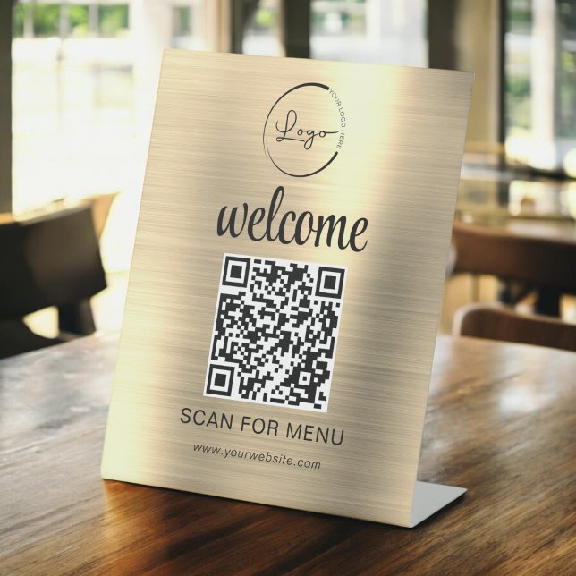 Gold Custom QR Code Menu Text Modern Business Pedestal Sign (Creator Uploaded)
