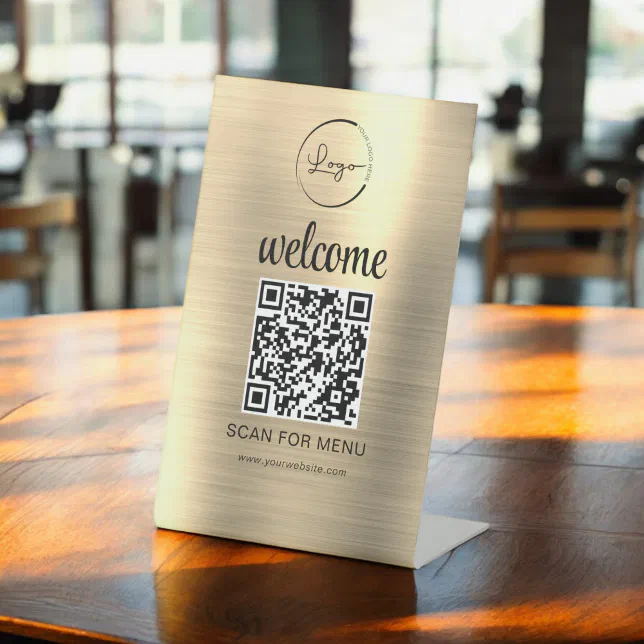 Gold Custom QR Code Menu Text Modern Business Pedestal Sign | Zazzle