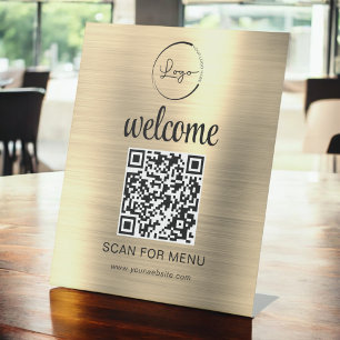 Gold Custom QR Code Menu Text Modern Business Pedestal Sign