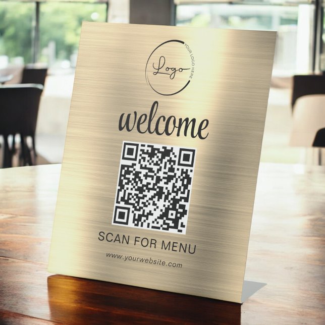 Gold Custom QR Code Menu Text Modern Business Pedestal Sign (Creator Uploaded)