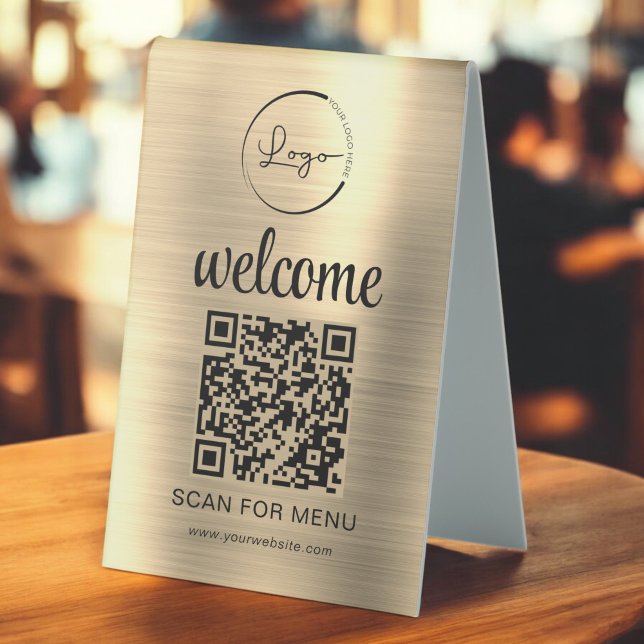 Gold Custom QR Code Menu Text Modern Business Table Tent (Creator Uploaded)