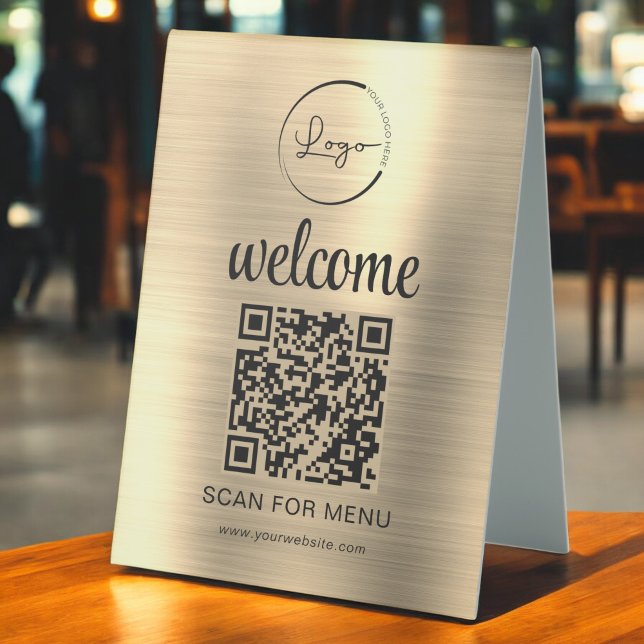 Gold Custom QR Code Menu Text Modern Business Table Tent (Creator Uploaded)