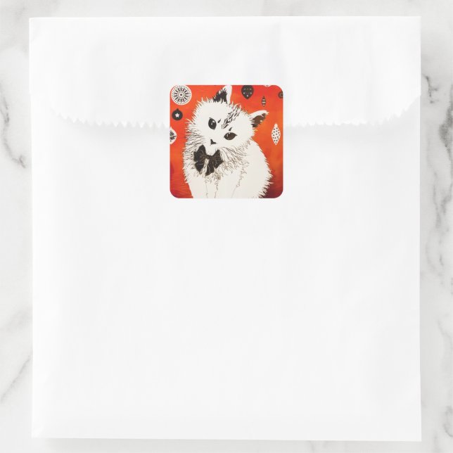 Gold Cute Cat Winter Christmas Baubles Square Sticker (Bag)