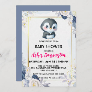 Gold Cute penguin Blue flower baby shower kids Invitation