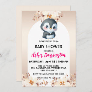 Gold Cute penguin cherry blossoms baby shower kids Invitation