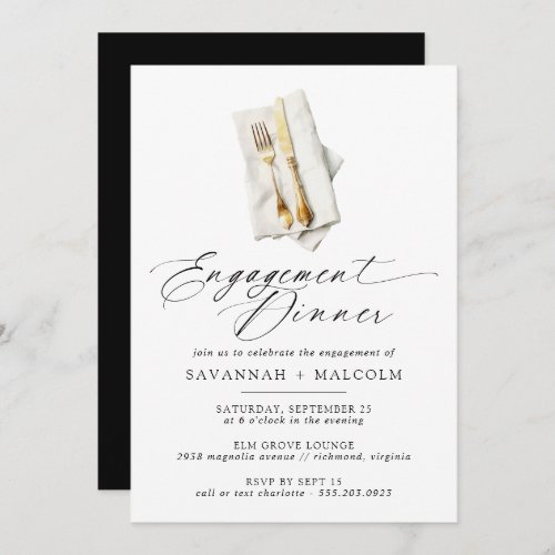 Gold Cutlery  Elegant Script Engagement Dinner Invitation