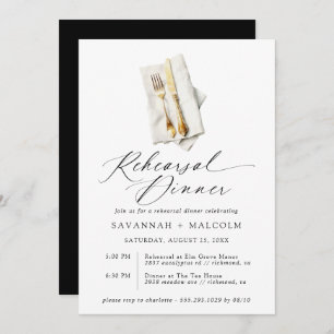 Gold Cutlery Formal Script Rehearsal Dinner Invitation