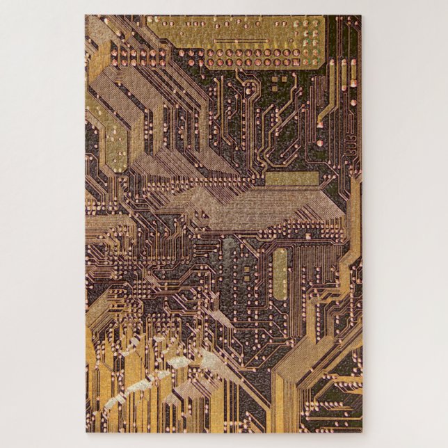 Gold Cyber Circuit Board Tech Art Electronics Jigsaw Puzzle (Vertical)