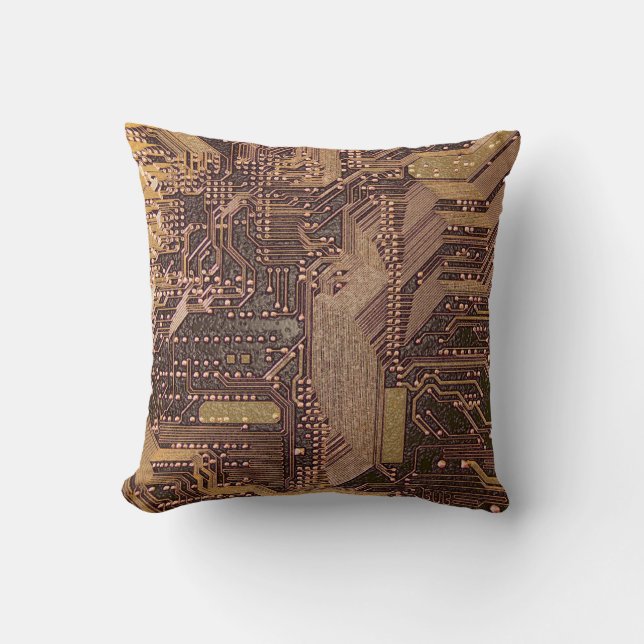 Gold Cyber Circuit Board Tech Art Electronics Throw Pillow (Front)