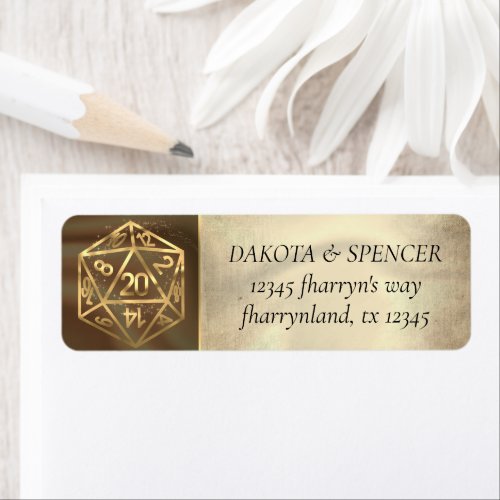 Gold D20  Tabletop Role Player Dice Address Label