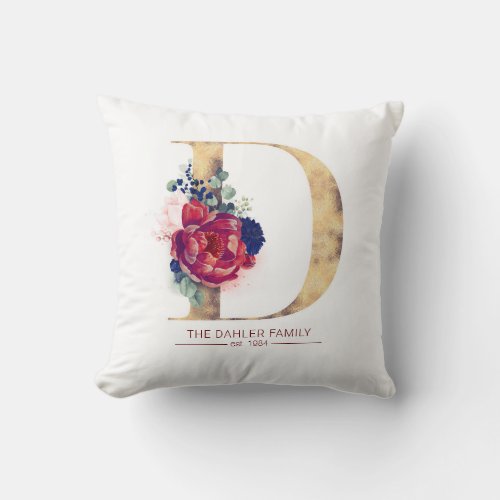 Gold D Monogram Floral Burgundy Red and Navy Blue Throw Pillow