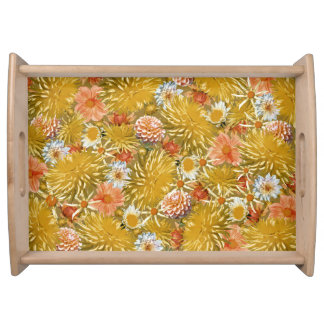 Gold dahlia flowers, vintage floral design. serving tray