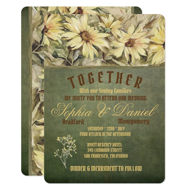 Gold Daisies On Sage Wedding Invitations