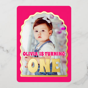 Gold Daisy ONE First Birthday Party Photo Foil Invitation