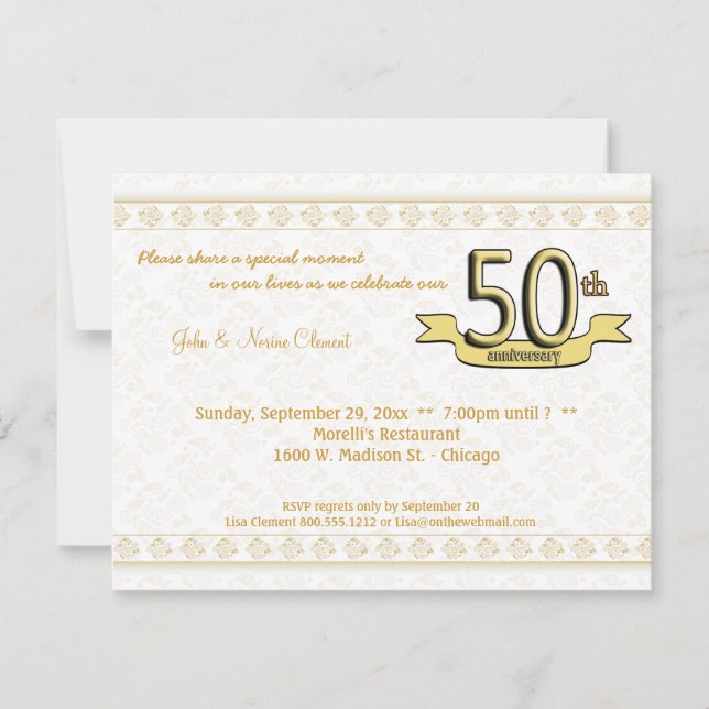 Gold Damask 50th Anniversary Celebration Invite (Front)