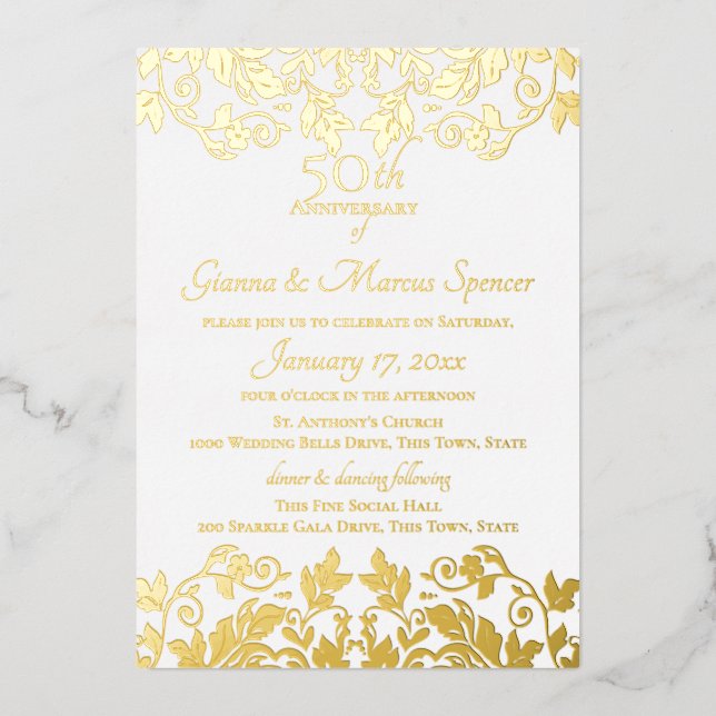 Gold Damask 50th Anniversary Foil Invitation (Front)