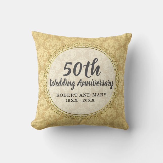 Gold Damask 50th Wedding Anniversary Gift Throw Pillow (Front)