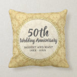 Gold Damask 50th Wedding Anniversary Gift Throw Pillow<br><div class="desc">Elegant gold Damask background with a sheer center to make the 50th Wedding Anniversary details easily seen. An ornate gold frame surrounds 50th Wedding Anniversary,  the couple's names and the dates of their marriage.</div>