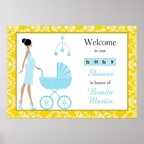 Gold Damask African American Boy Baby Shower Poster