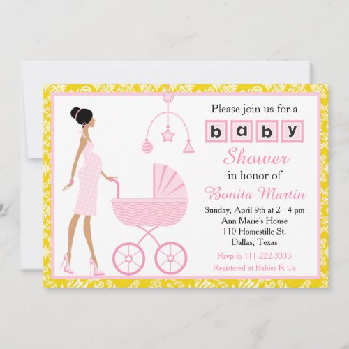 Gold Damask African American Expecting Baby Shower Invitation
