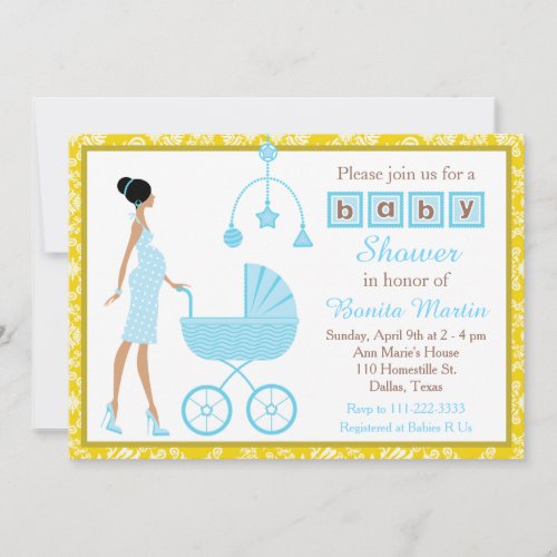 Gold Damask African American Woman Baby Shower Invitation