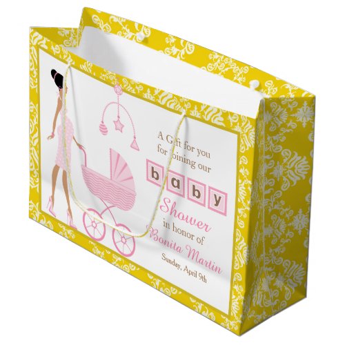Gold Damask African American Woman Baby Shower Large Gift Bag