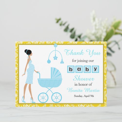Gold Damask African American Woman Baby Shower Thank You Card