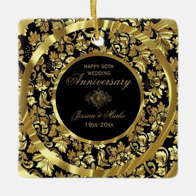 Gold Damask And Black Background 50th Anniversary Ceramic Ornament (Front)