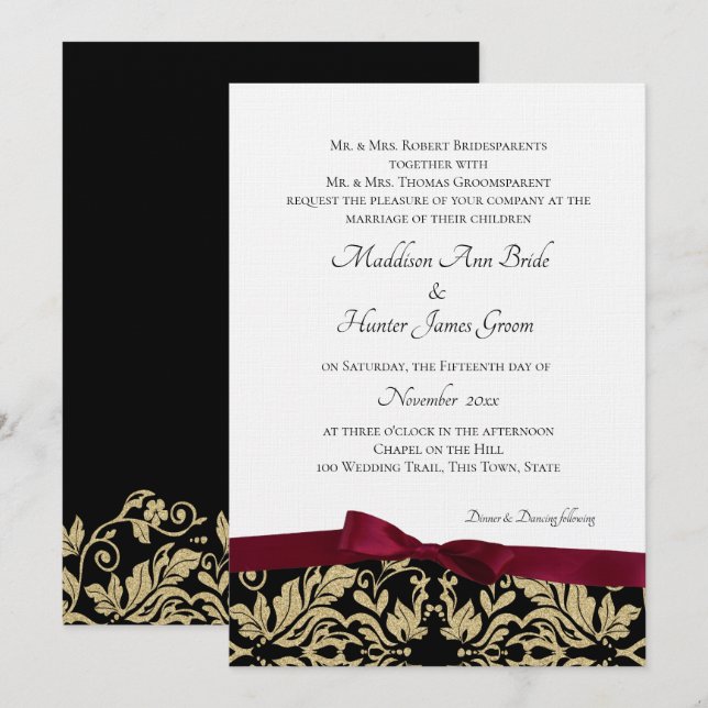 Gold Damask and Burgundy Bow Wedding Invitation (Front/Back)